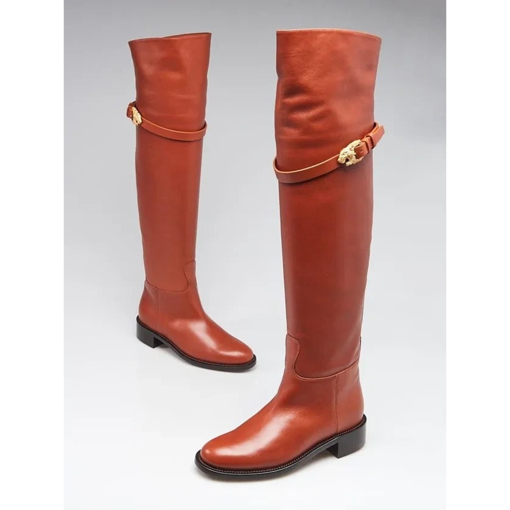 Valentino Garavani Brown Calfskin over the knee boot lion buckle,‎ EU 37(US7)
